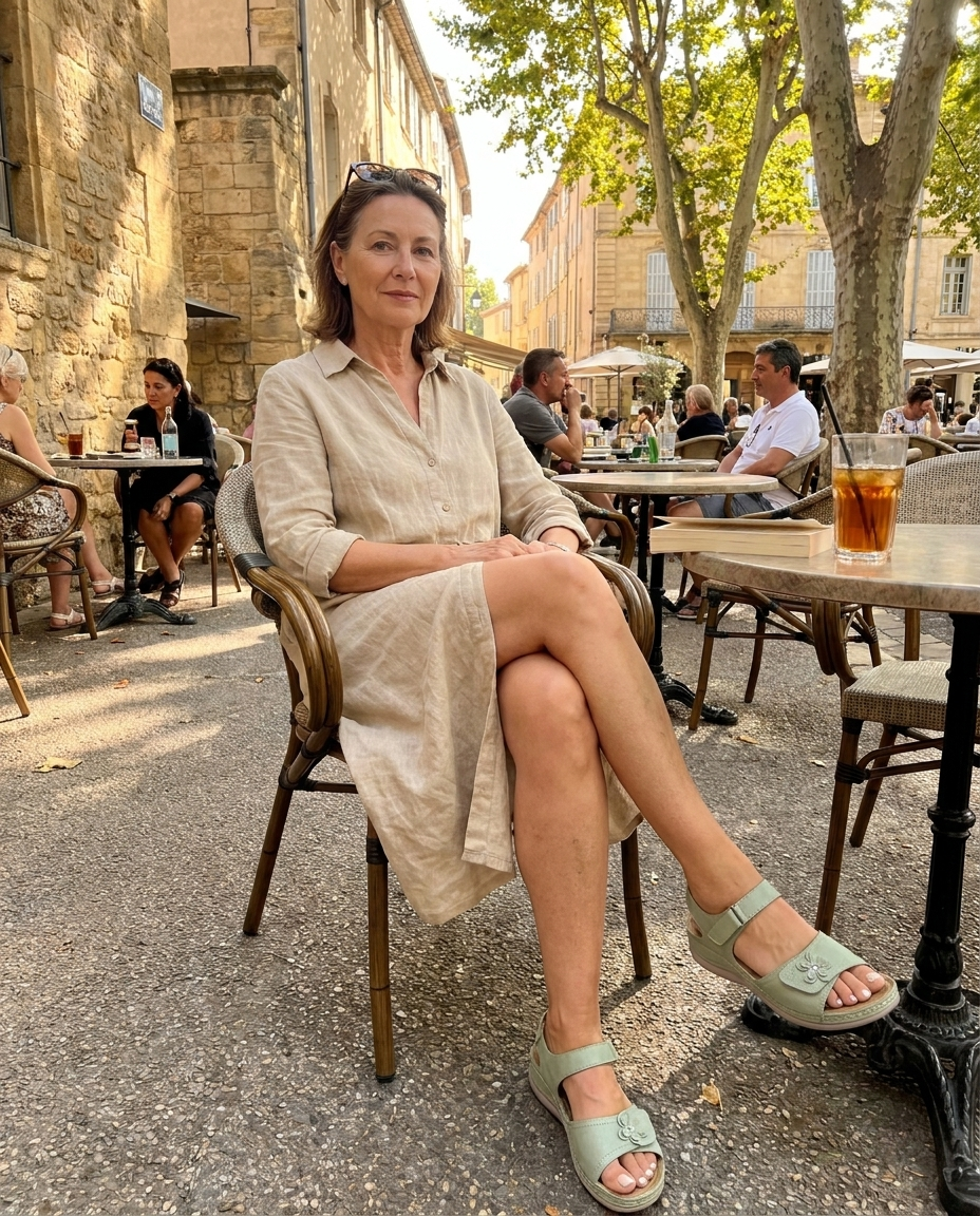 Sandales Margaux & Co vert sauge portées — été Sud de la France
